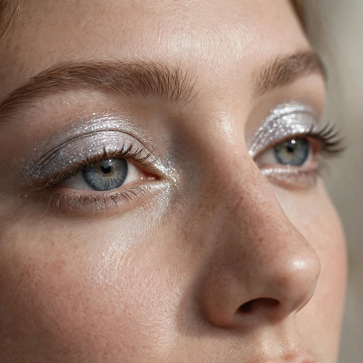 Close-up of Shimmering Vow Eyes featuring silver glint and light shimmer