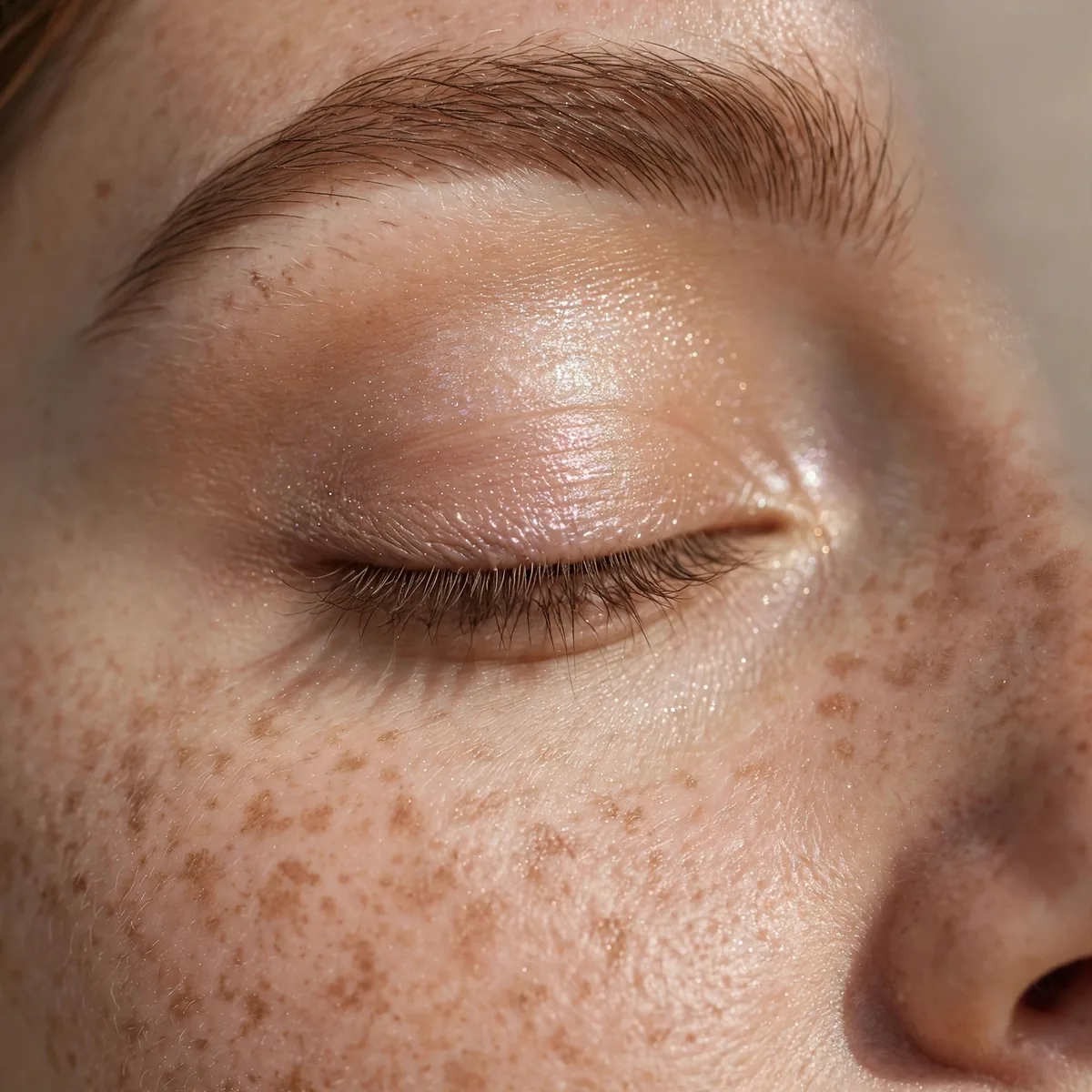 Close-up of Starlit Ceremony Lids featuring pearl glow and warm nude
