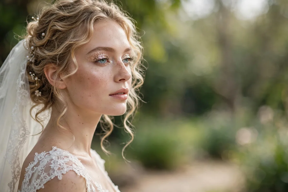 Bride with sparkly champagne glitter wedding eye makeup