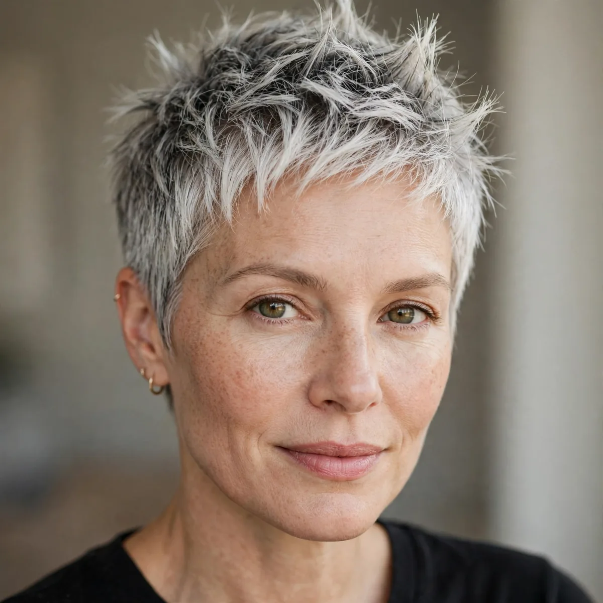 Salt-and-Pepper Crop hairstyle in soft white with soft spikes