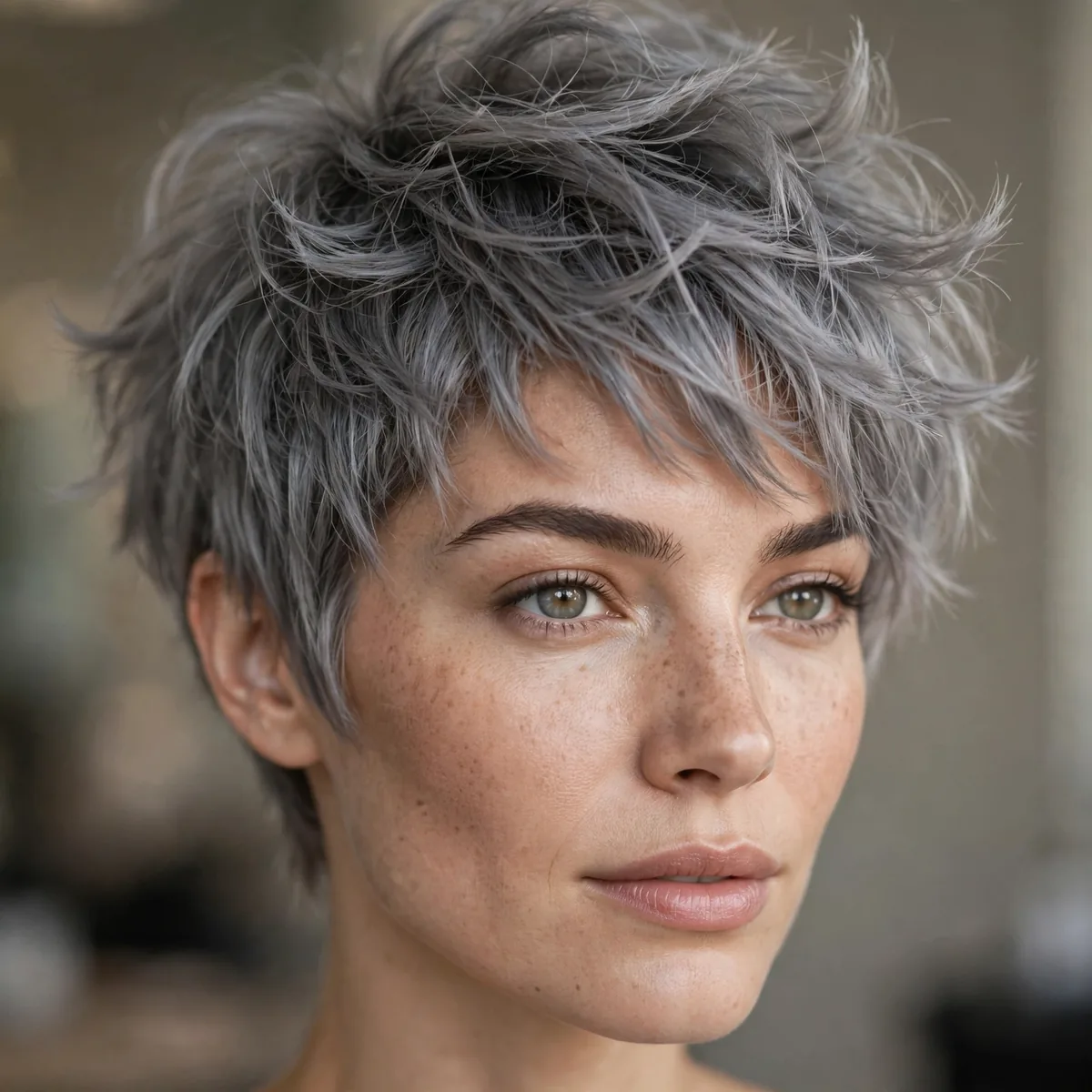 Choppy Grey Pixie hairstyle in ash grey with airy volume