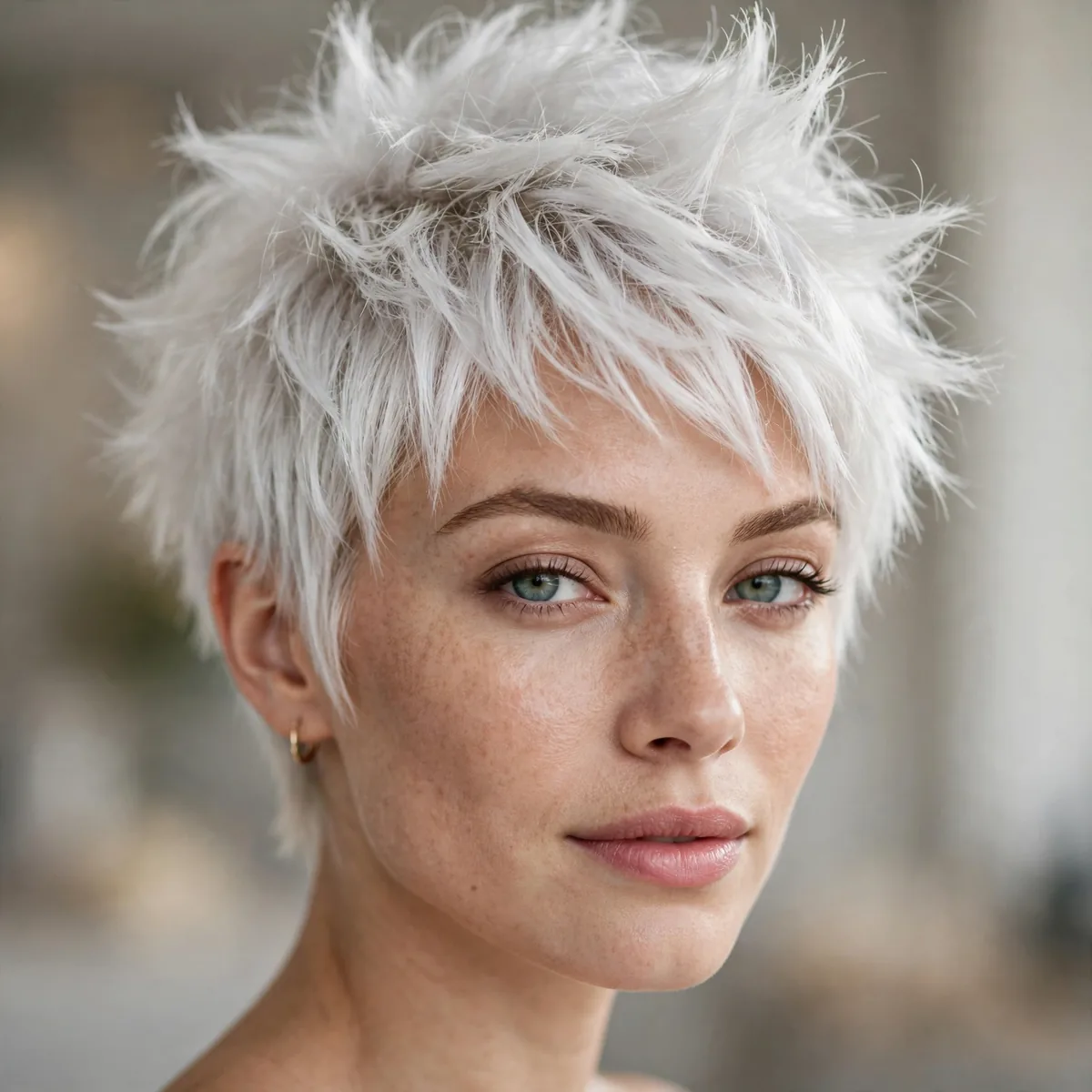 Spiky White Pixie hairstyle in snowy white with tousled movement