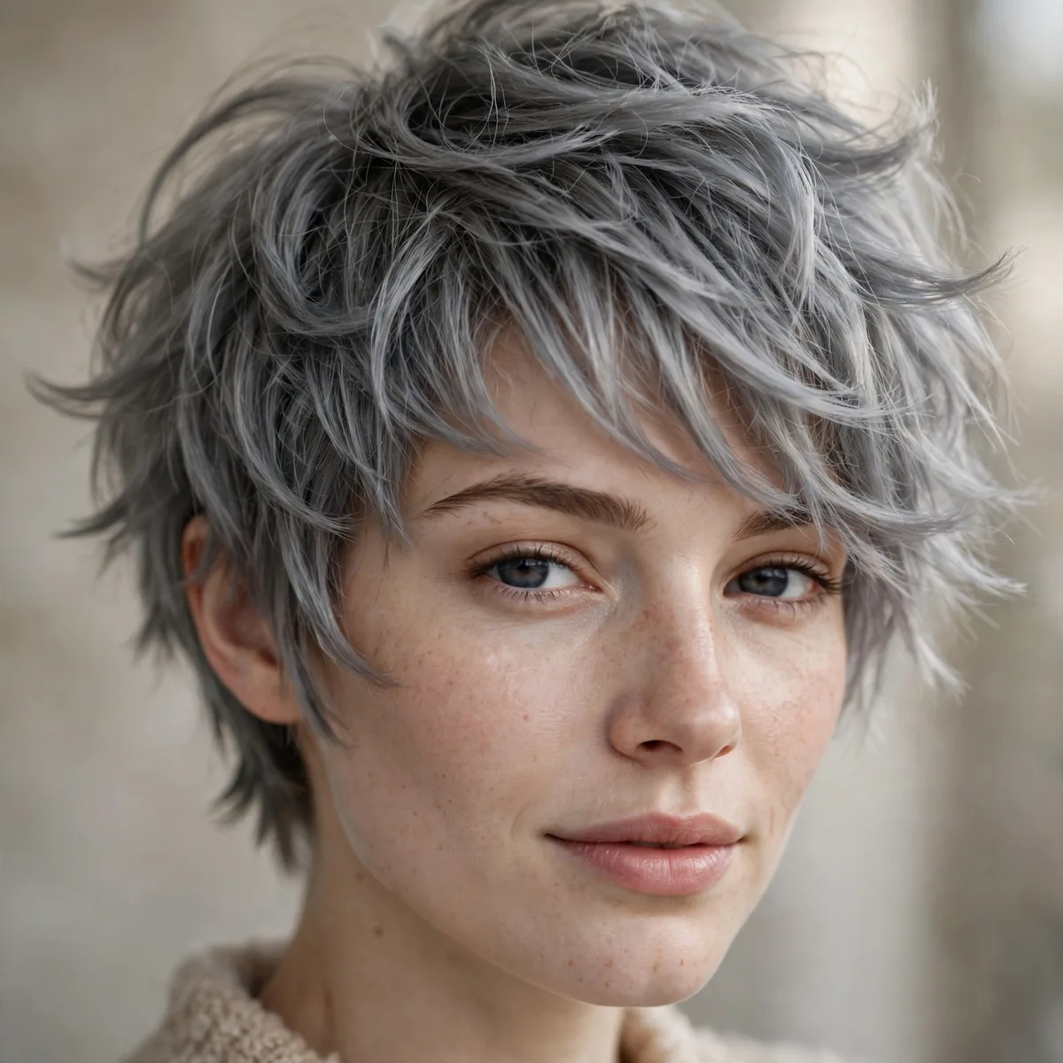 Tousled Ash Pixie hairstyle in pewter tone with feathered layers