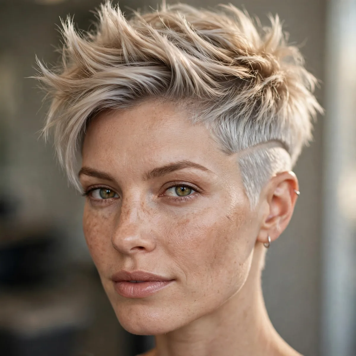 Edgy Silver Undercut hairstyle in champagne blonde with soft spikes