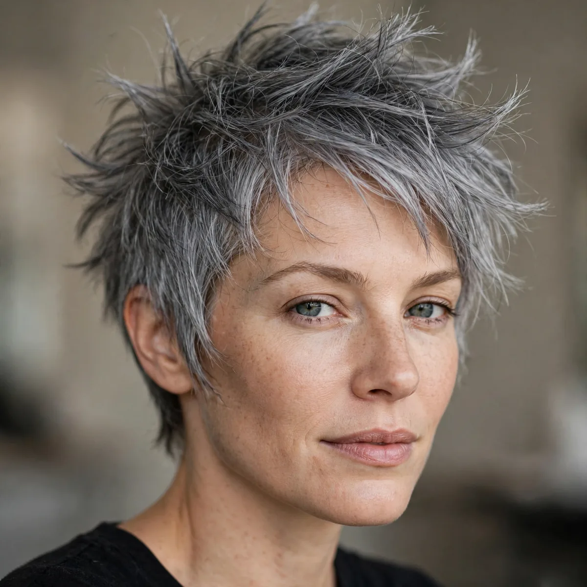 Wispy Grey Spikes hairstyle in steel grey with lived-in texture