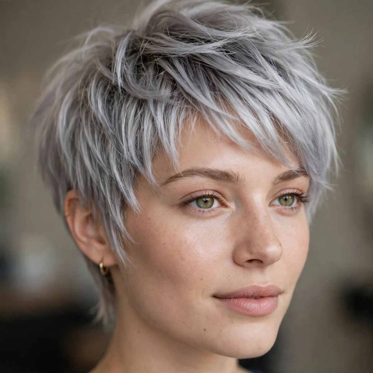 Layered Pewter Pixie hairstyle in light silver with piece-y texture