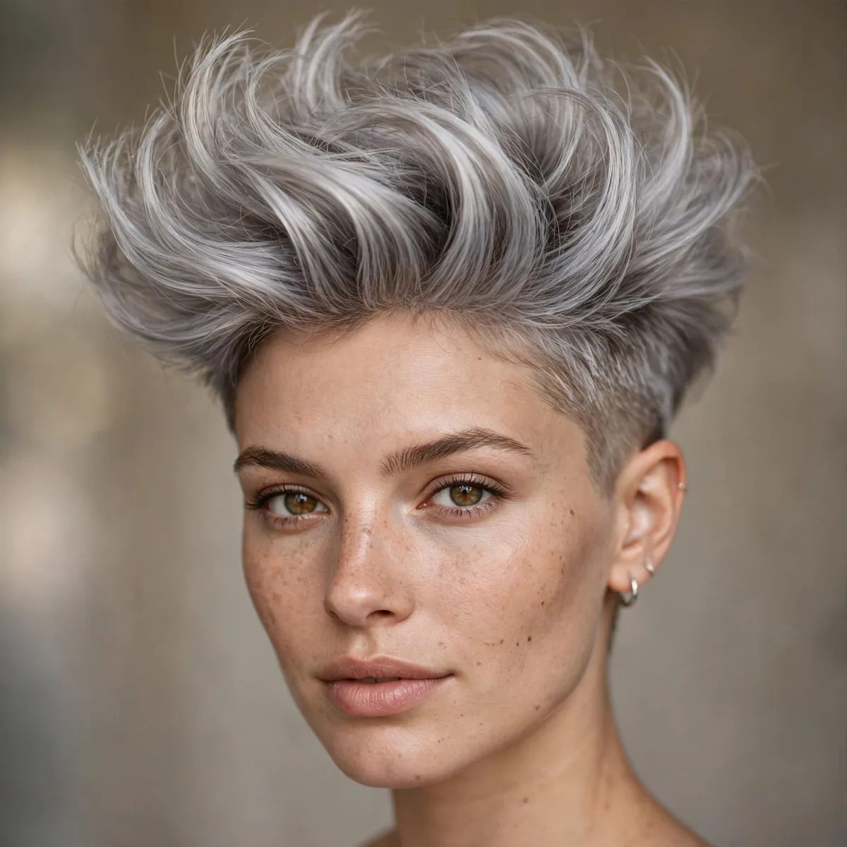 Bold Silver Fauxhawk hairstyle in warm grey with airy volume