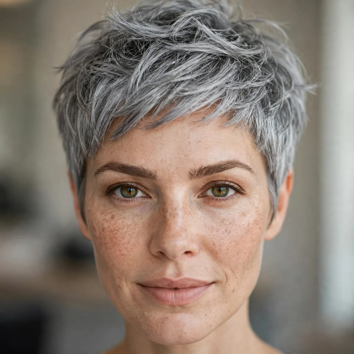 Textured Graphite Crop hairstyle in silver grey with feathered layers