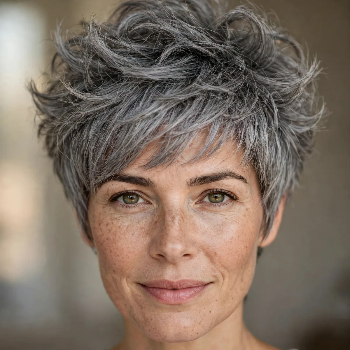 Voluminous Grey Pixie hairstyle in salt pepper with lived-in texture