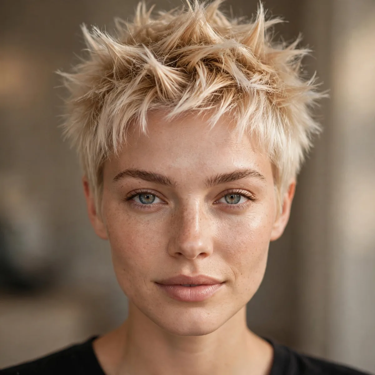 Spiky Champagne Crop hairstyle in platinum blonde with piece-y texture