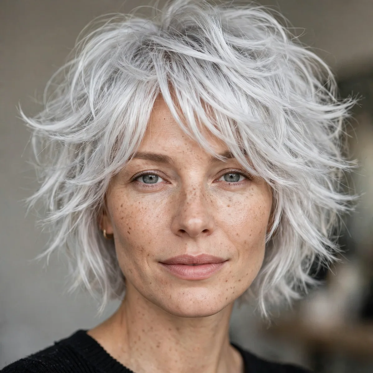 Modern Silver Shag hairstyle in snowy white with tousled movement