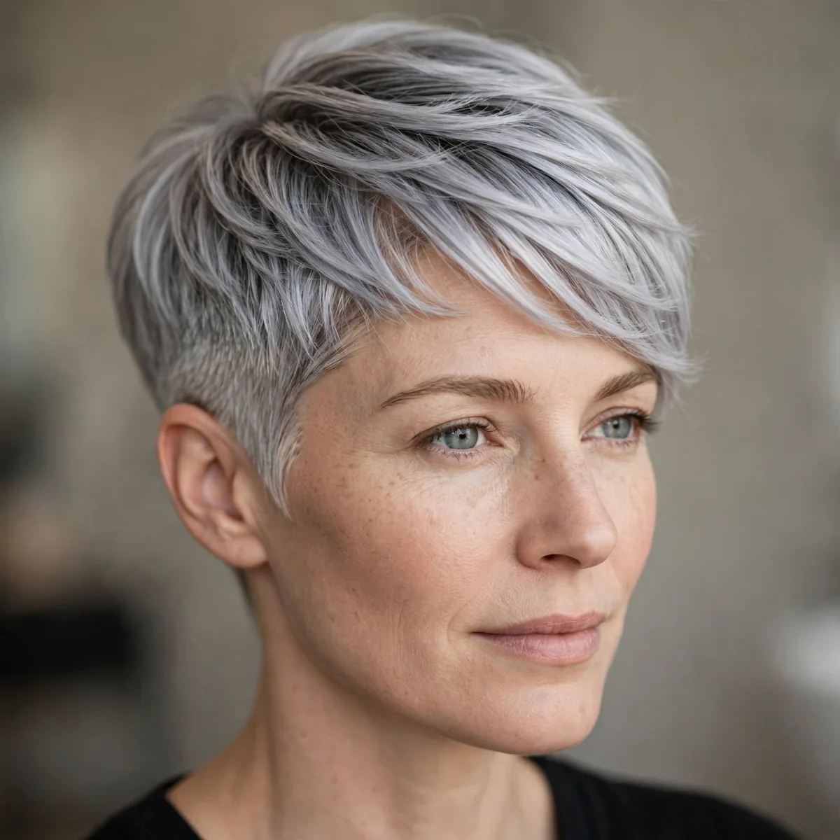 Cropped Silver Taper hairstyle in pewter tone with feathered layers