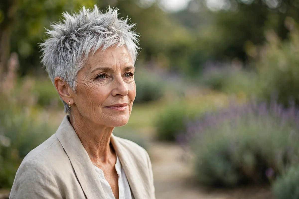 Older woman with silver spiky pixie haircut