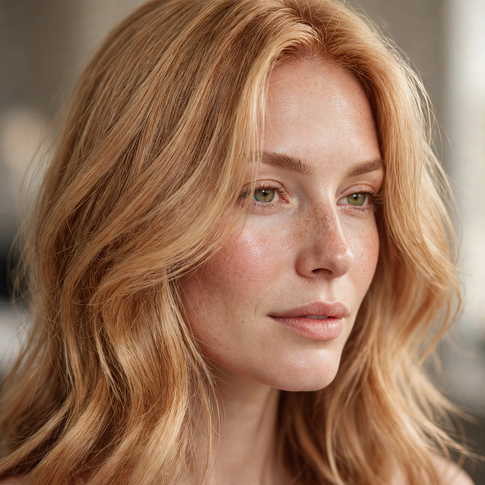 Glossy strawberry blonde hair