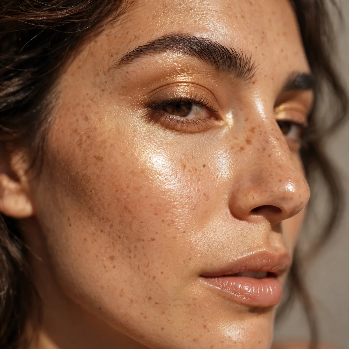 Close-up of Sunlit Skin Tint featuring golden tan and sheer shimmer