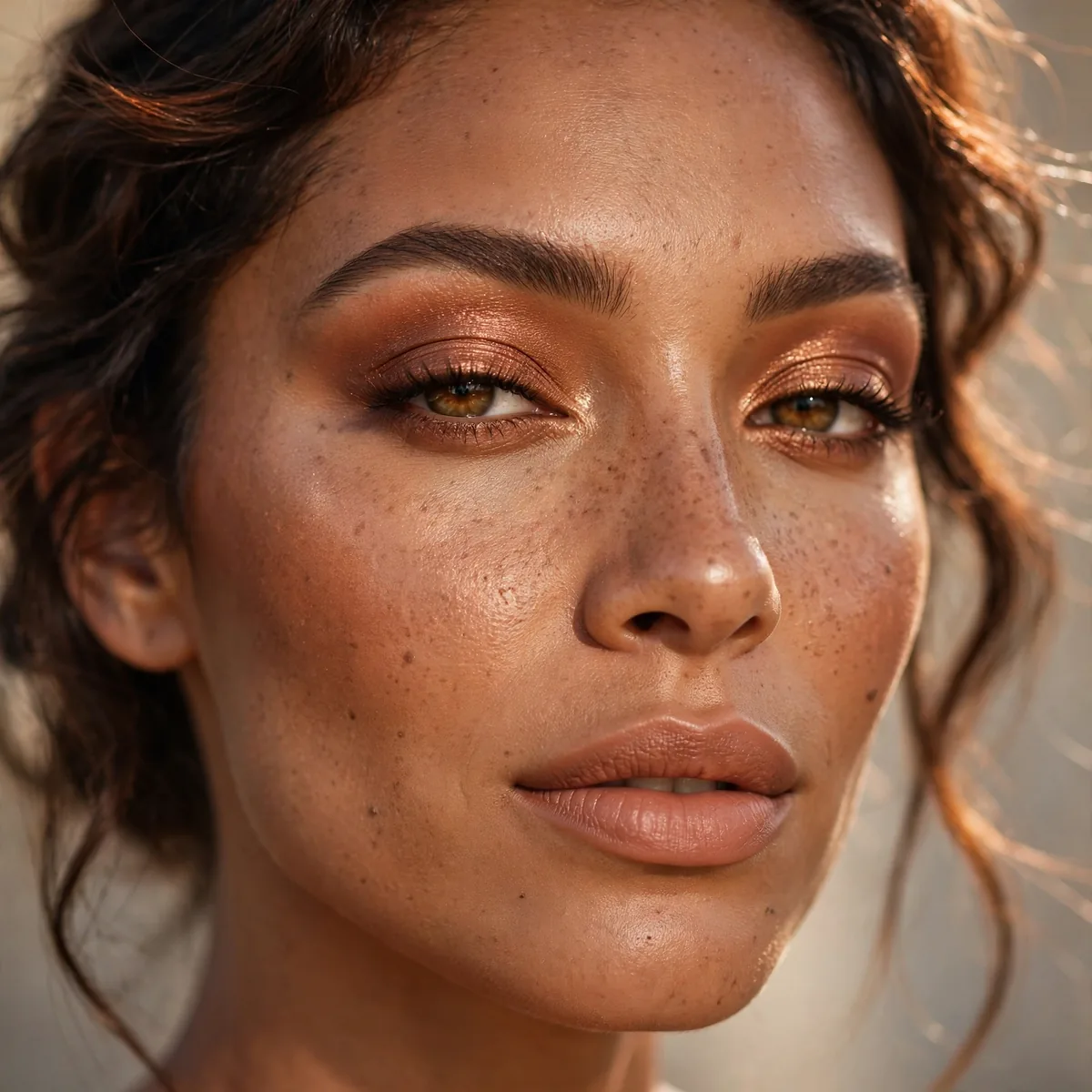 Close-up of Bronzed Goddess Look featuring sunlit copper and warm nude