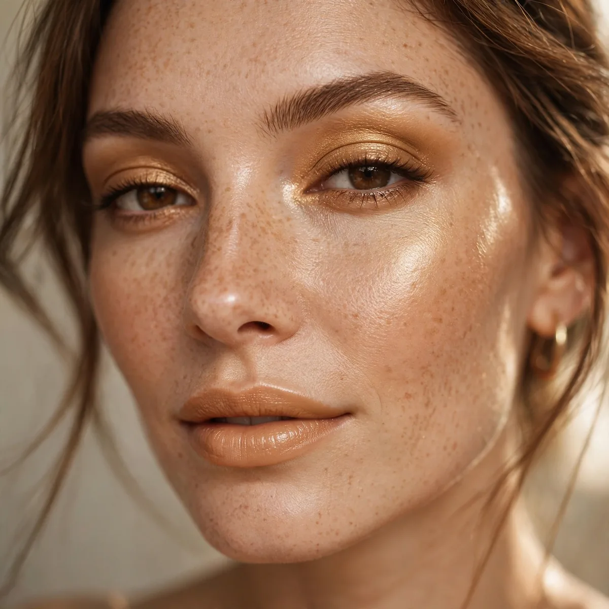 Close-up of Honeyed Glow Makeup featuring amber glow and golden beige