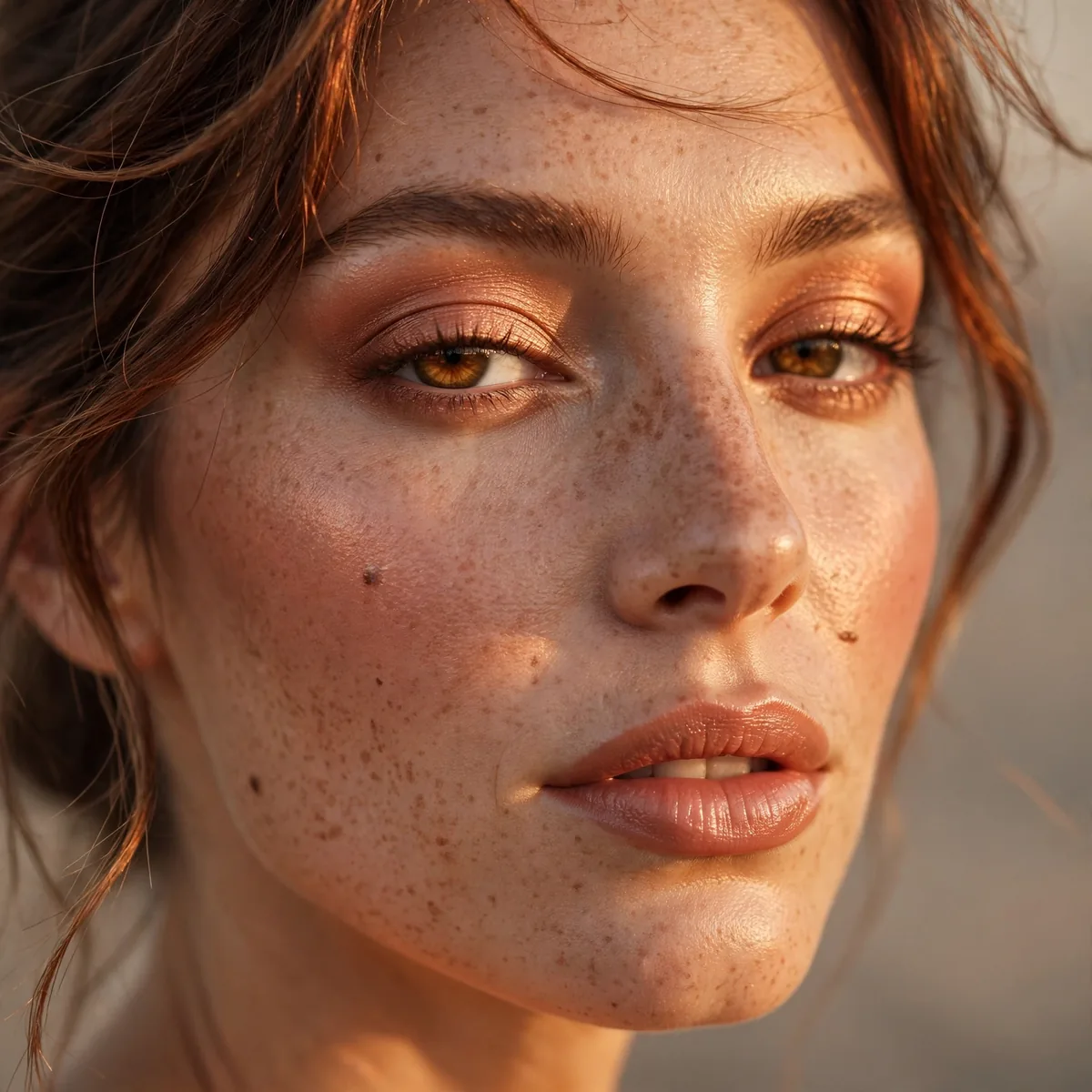 Close-up of Golden Hour Flush featuring sunlit copper and warm nude
