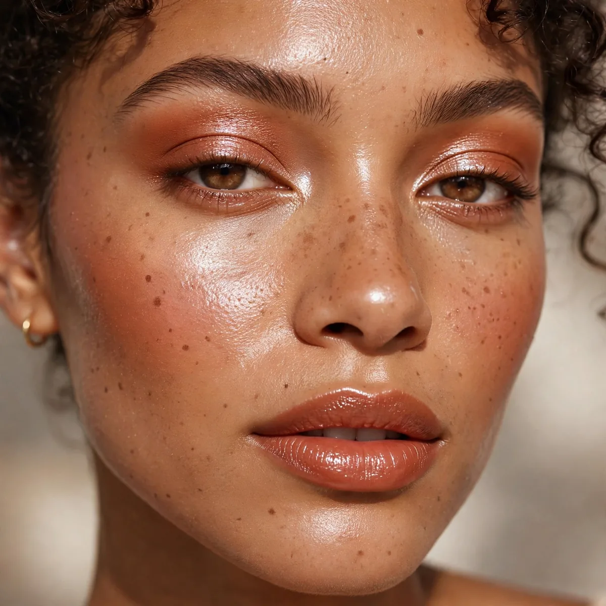 Close-up of Bronzed Lit Look featuring terracotta warmth and dewy pearl