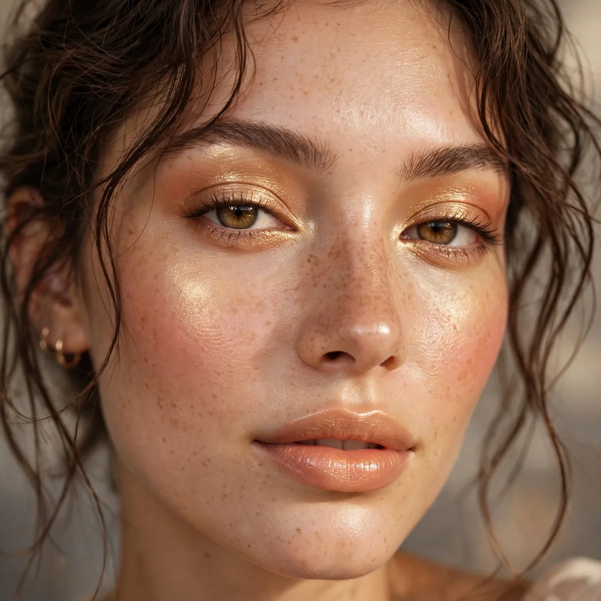Close-up of Island Glow Makeup featuring gilded peach and soft gold