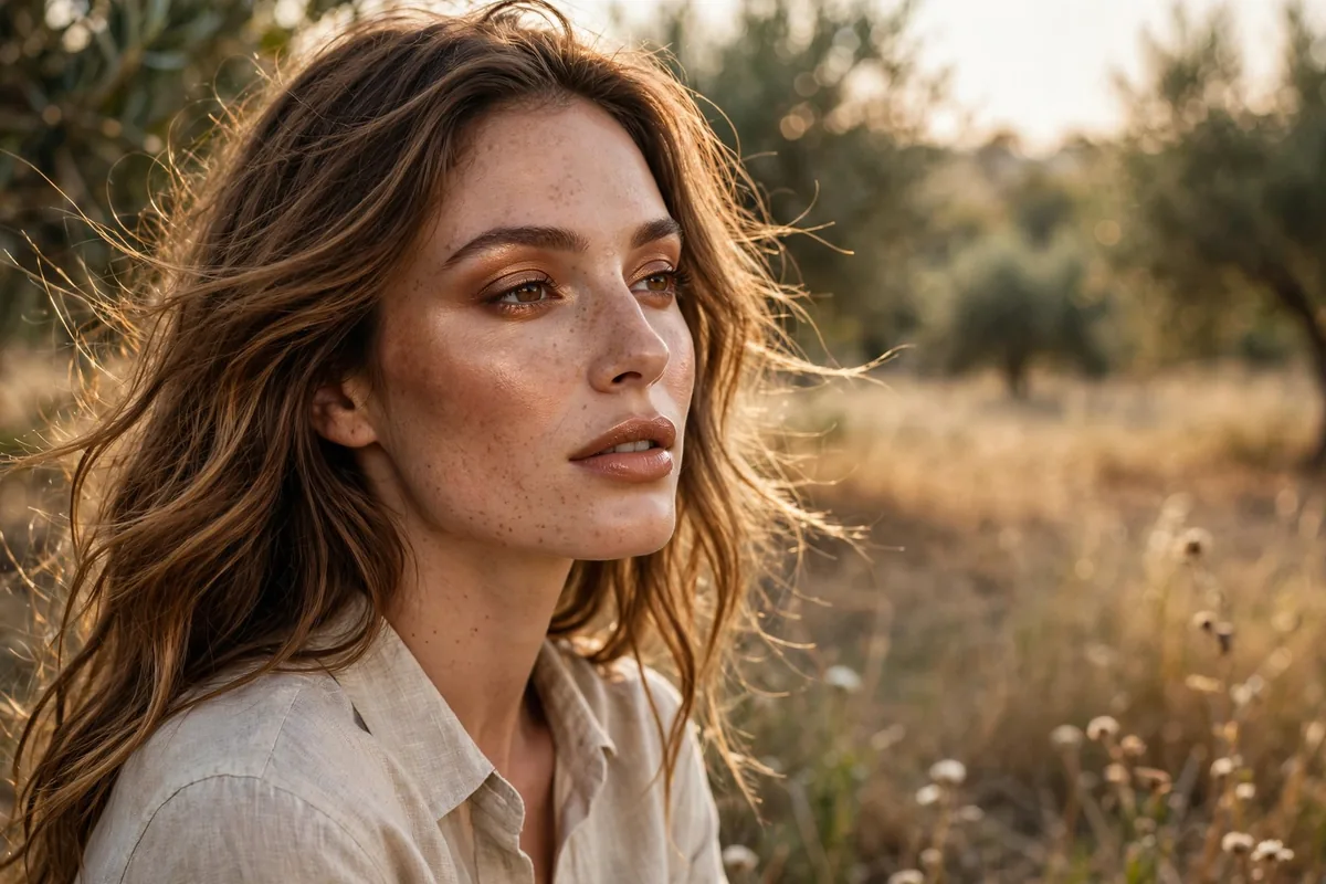 Woman with sunkissed glowing bronze makeup look