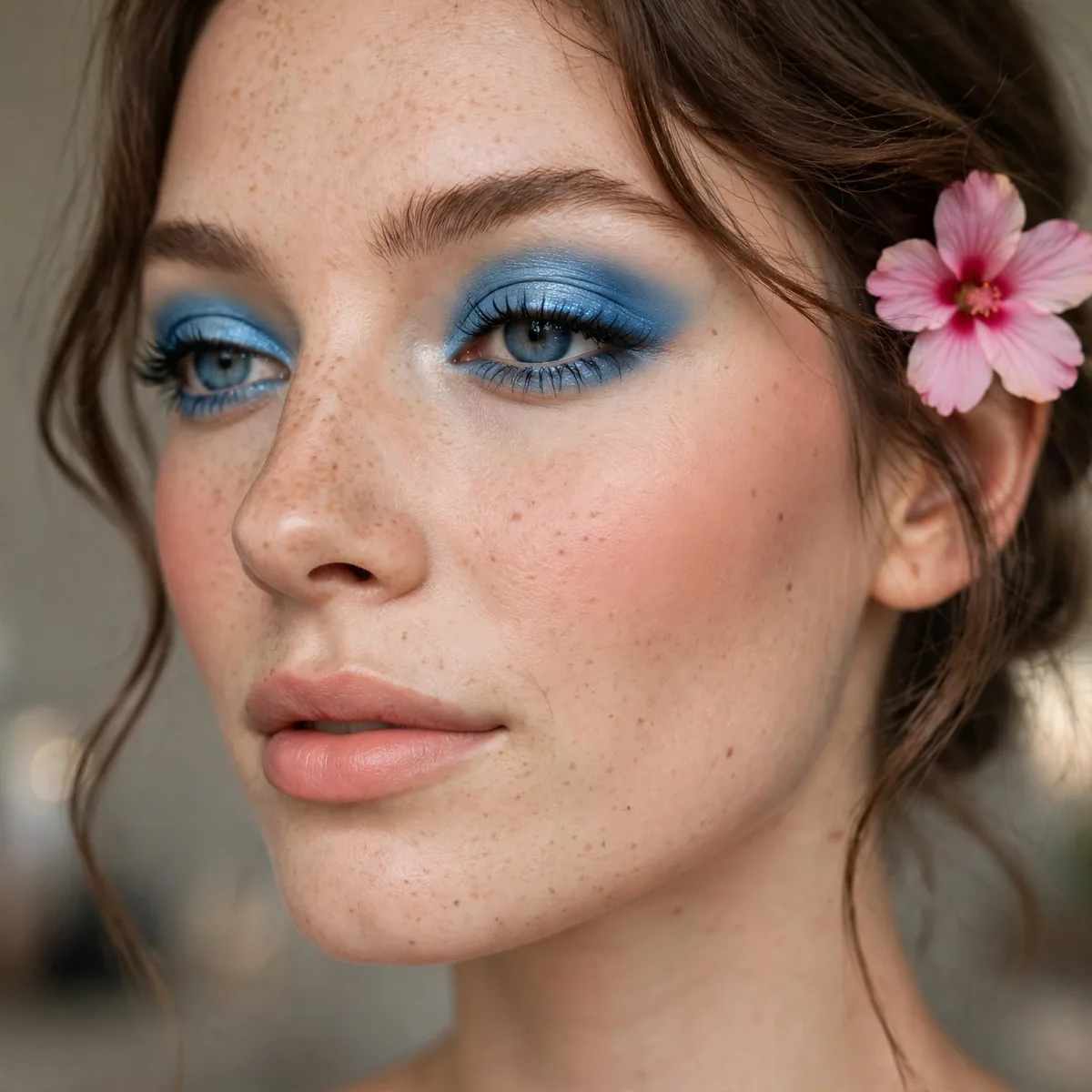 Close-up of Hibiscus Blush Look featuring ocean blue and soft peach