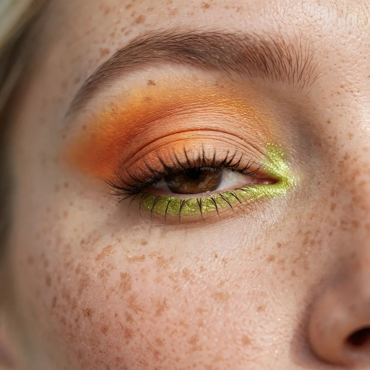Close-up of Sunset Ombre Eyes featuring lime accent and warm nude