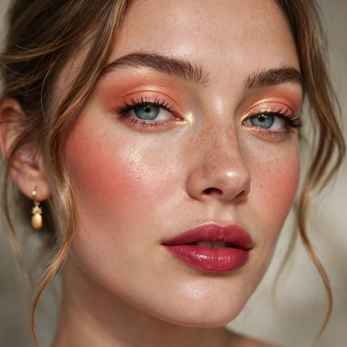 Close-up of Pineapple Glow Makeup featuring berry punch and light coral