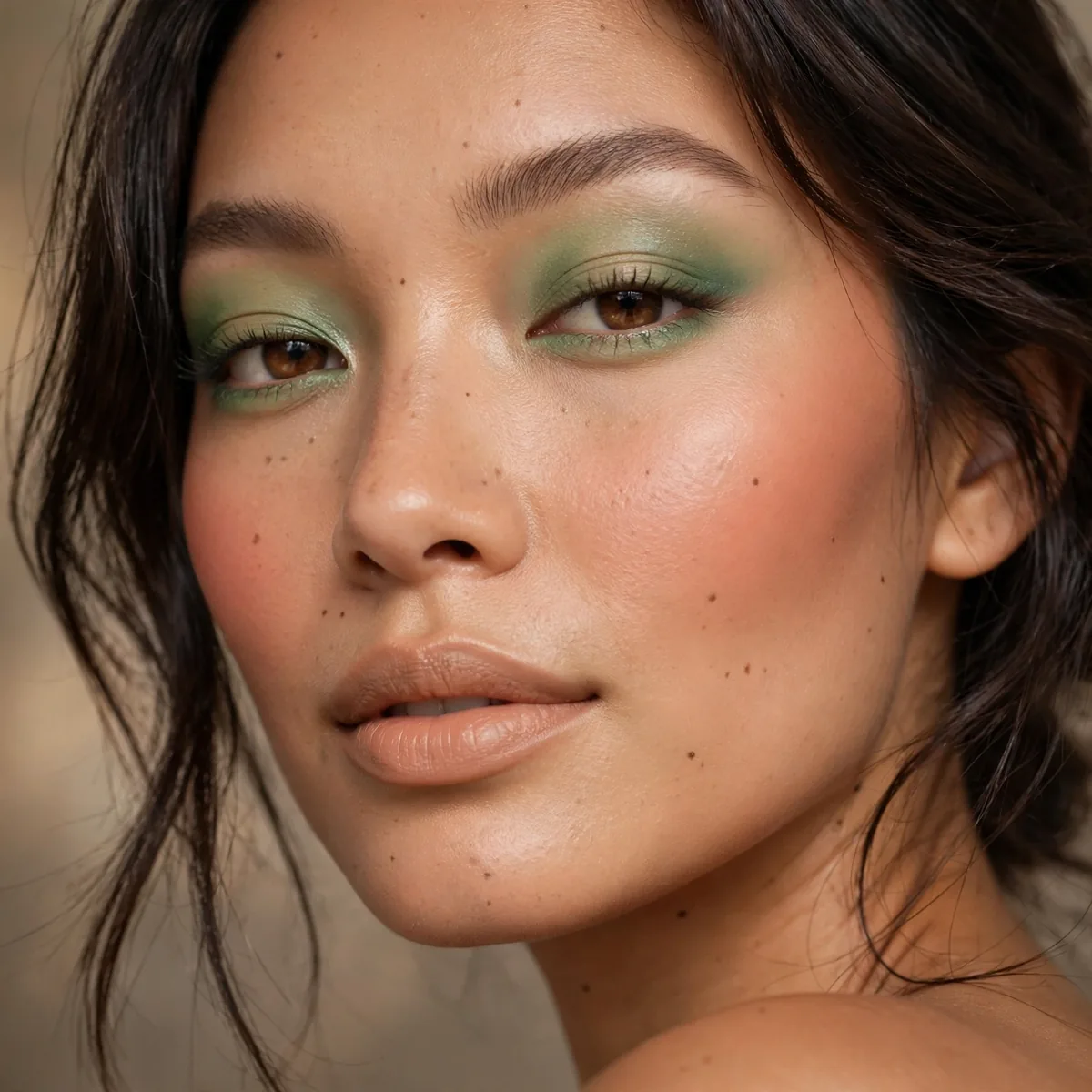 Close-up of Papaya Flush Look featuring palm green and warm beige