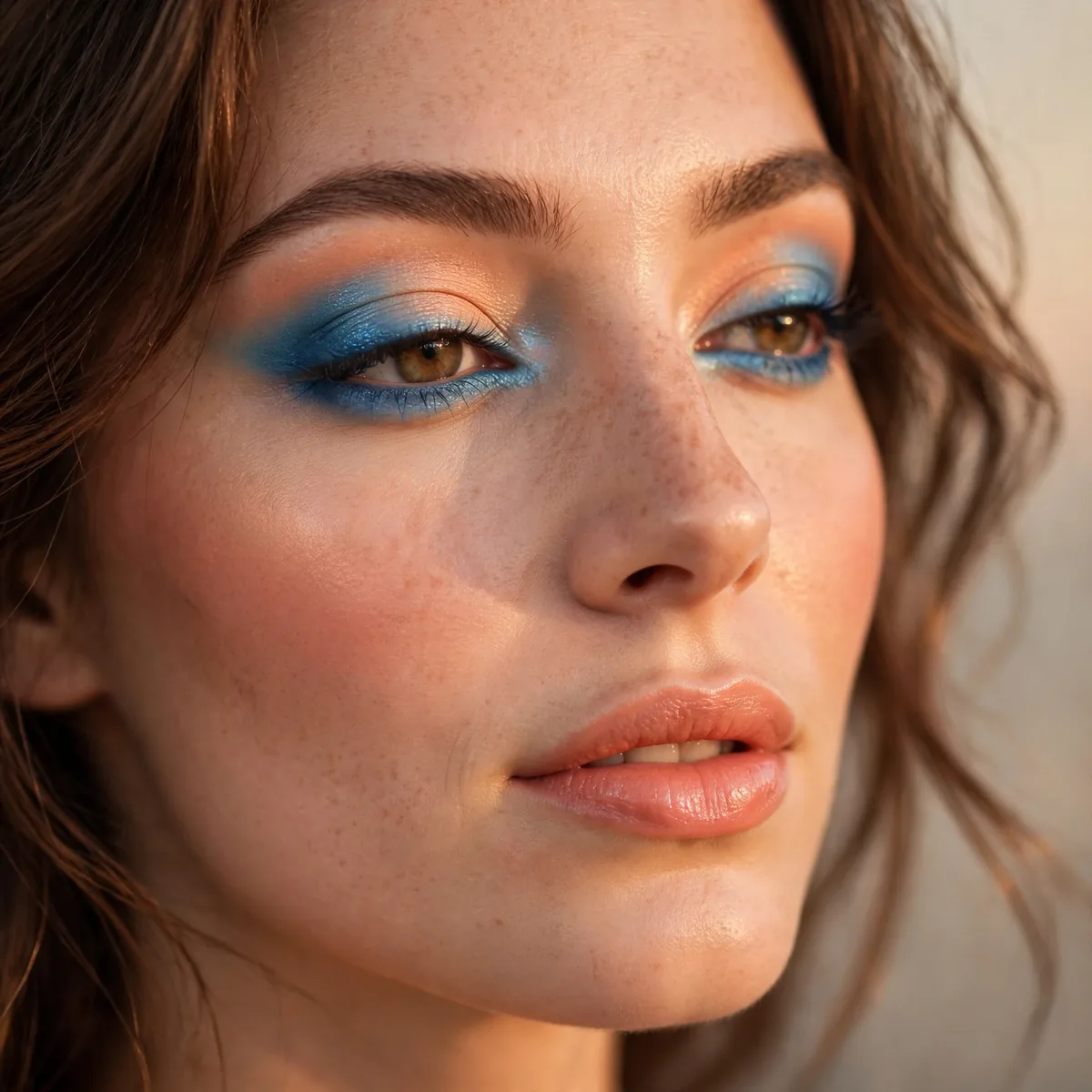 Close-up of Sunset Glow Makeup featuring ocean blue and soft peach