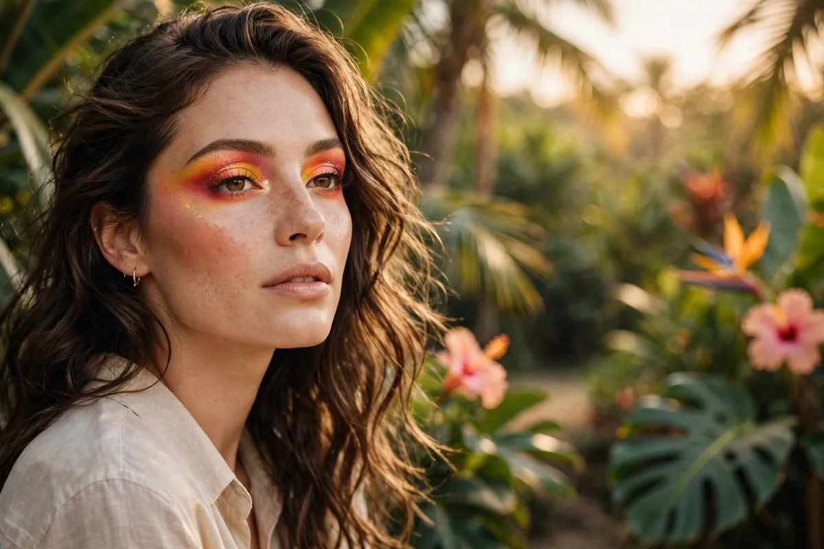 Woman wearing vibrant tropical sunset eye makeup