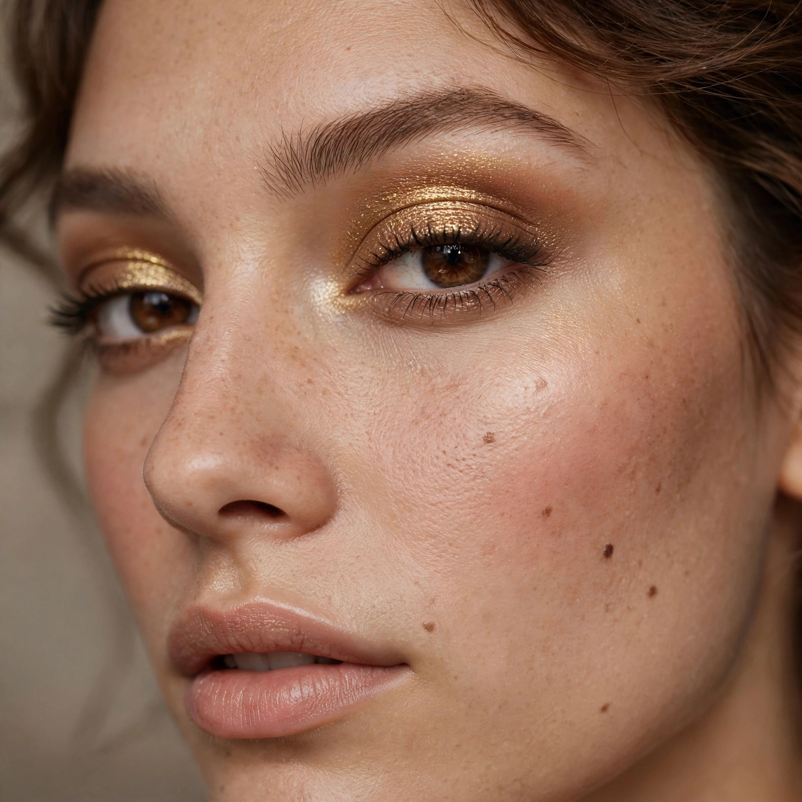 Golden shimmer eyeshadow on brown eyes