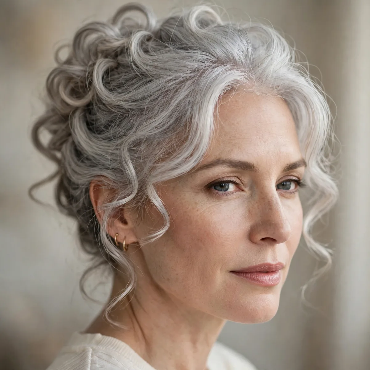 Soft Grey Updo hairstyle in soft white with gentle curls