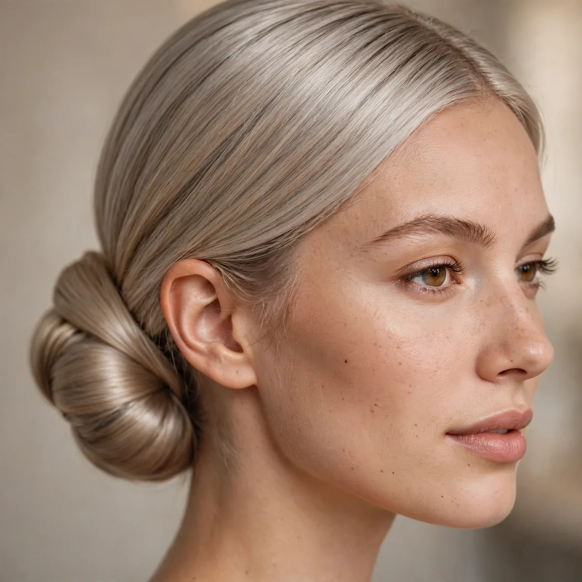 Elegant Low Bun hairstyle in warm silver with silky sleekness