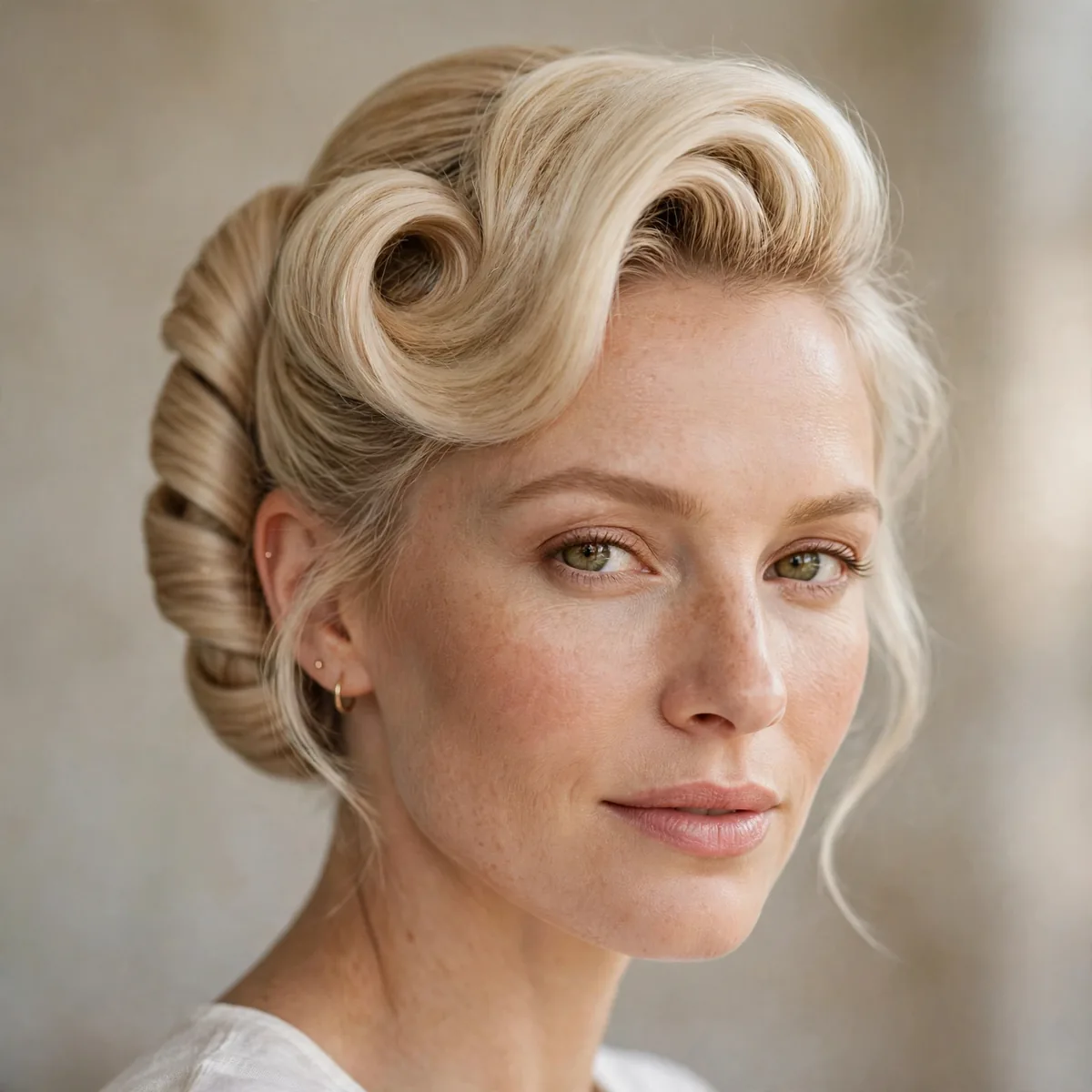 Twisted French Roll hairstyle in pearl blonde with soft volume