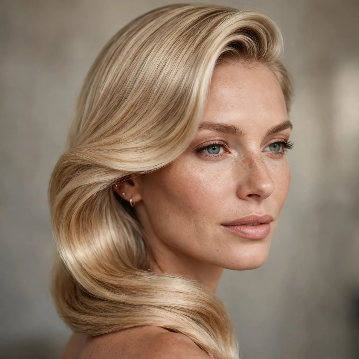 Graceful Side Sweep hairstyle in champagne blonde with smooth polish
