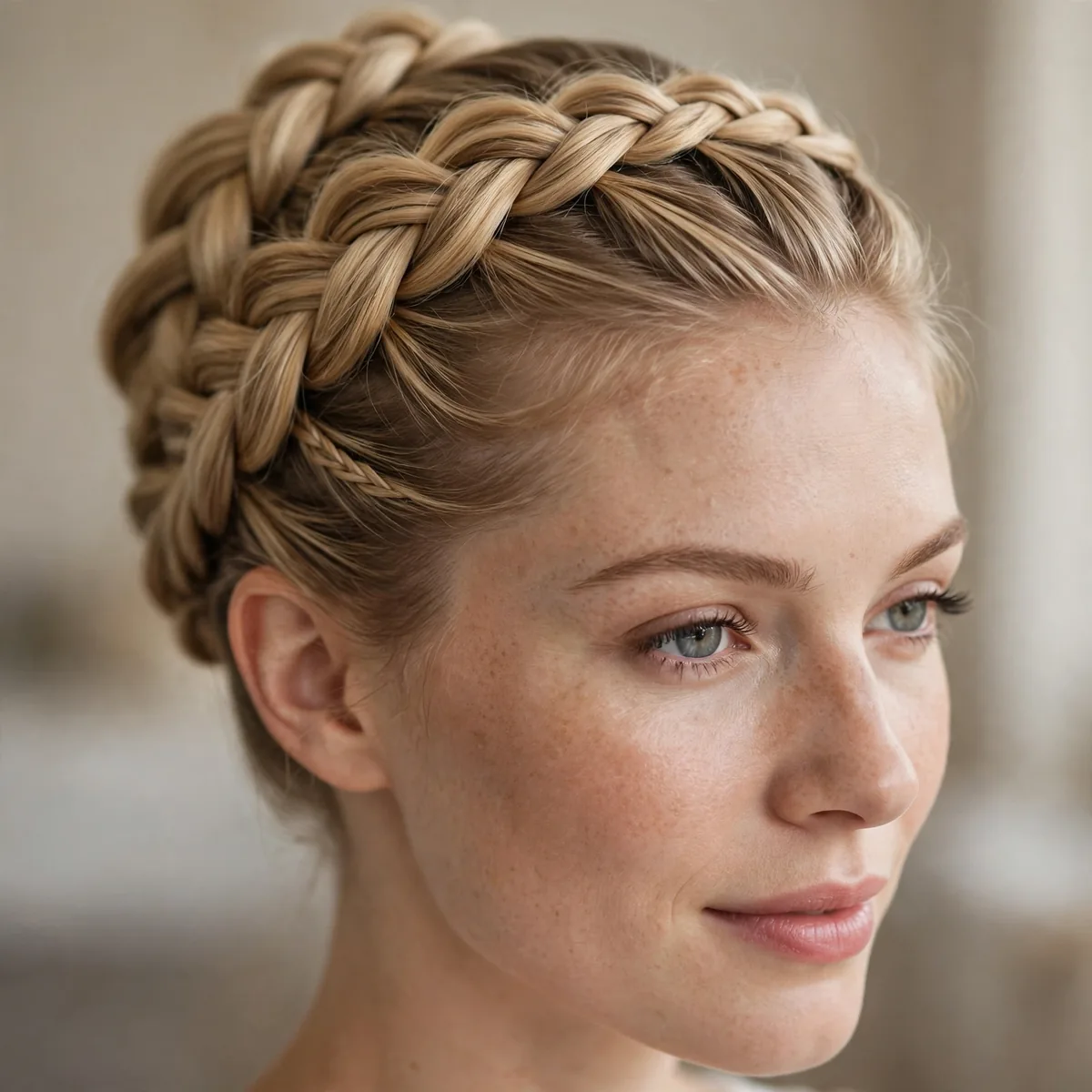 Braided Crown Updo hairstyle in sandy blonde with silky sleekness