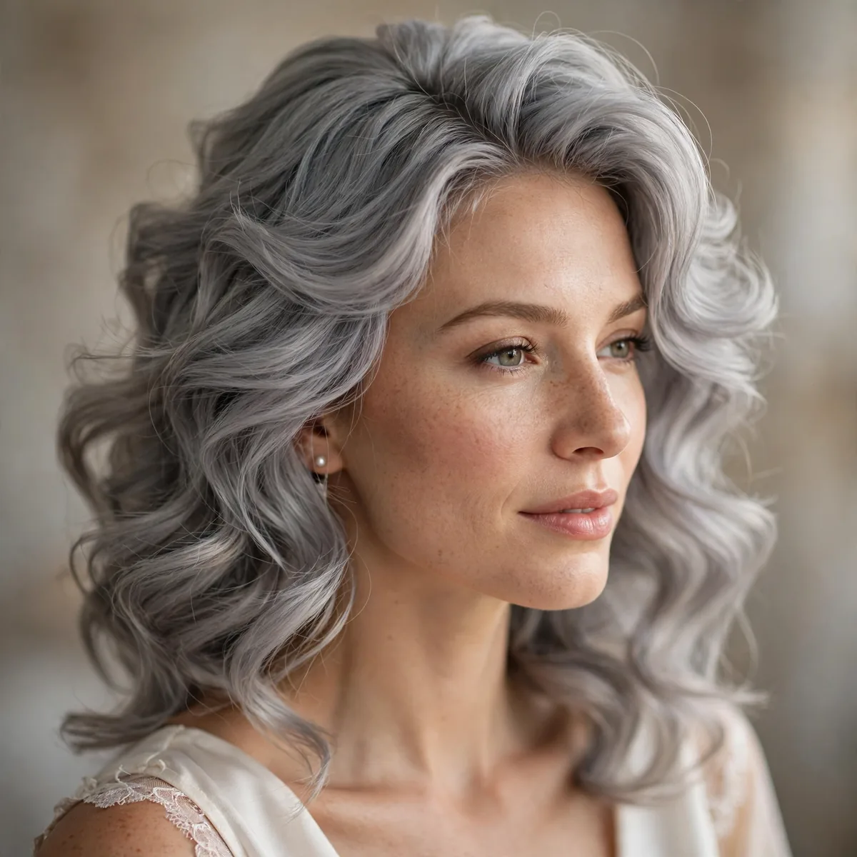 Soft Waves for Brides hairstyle in dove grey with soft volume