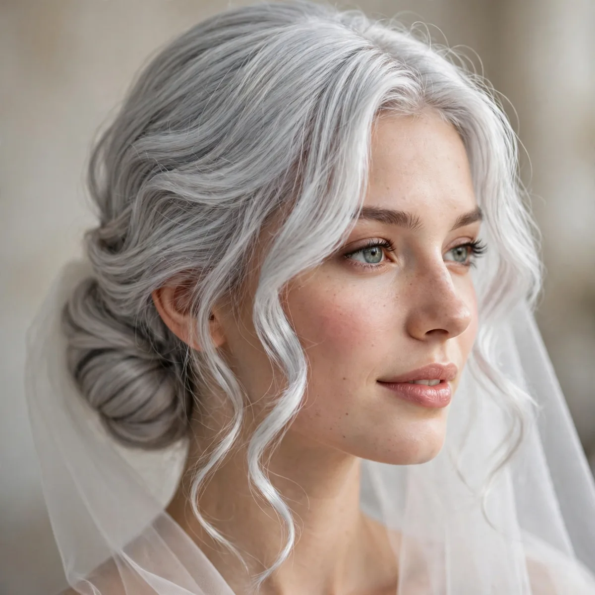 Low Chignon with Veil hairstyle in silvery white with romantic waves