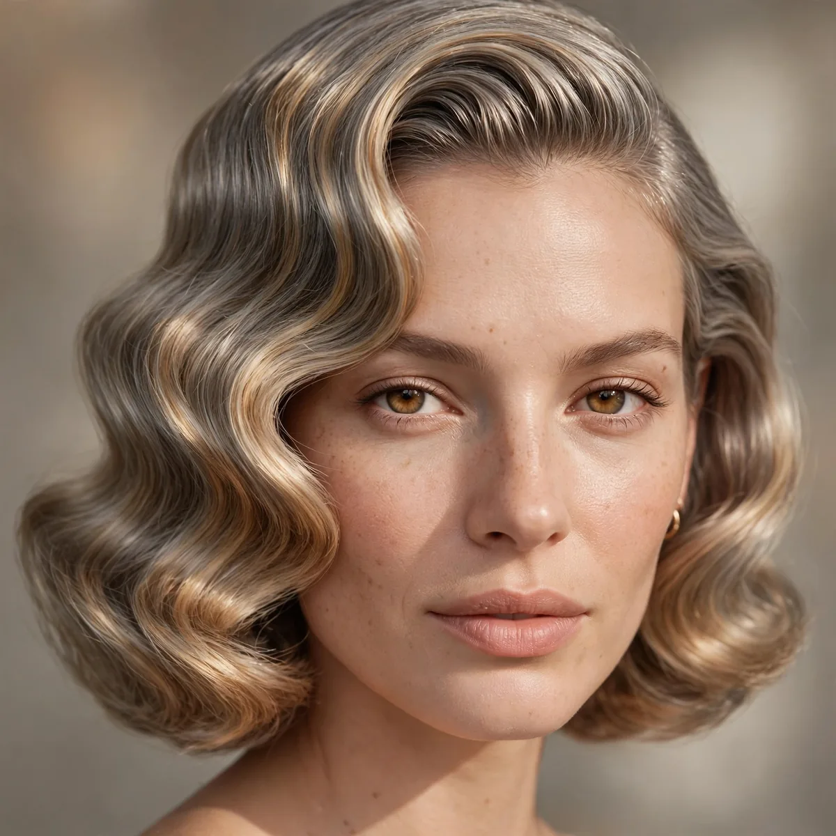 Vintage-Inspired Waves hairstyle in golden grey with smooth polish