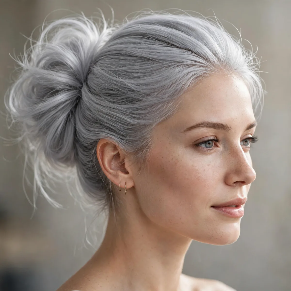 Sleek Silver Bun hairstyle in silver grey with airy fullness
