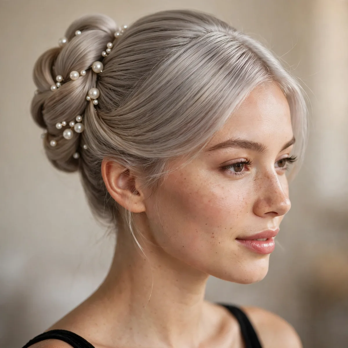Pearl-Adorned Updo hairstyle in warm silver with silky sleekness