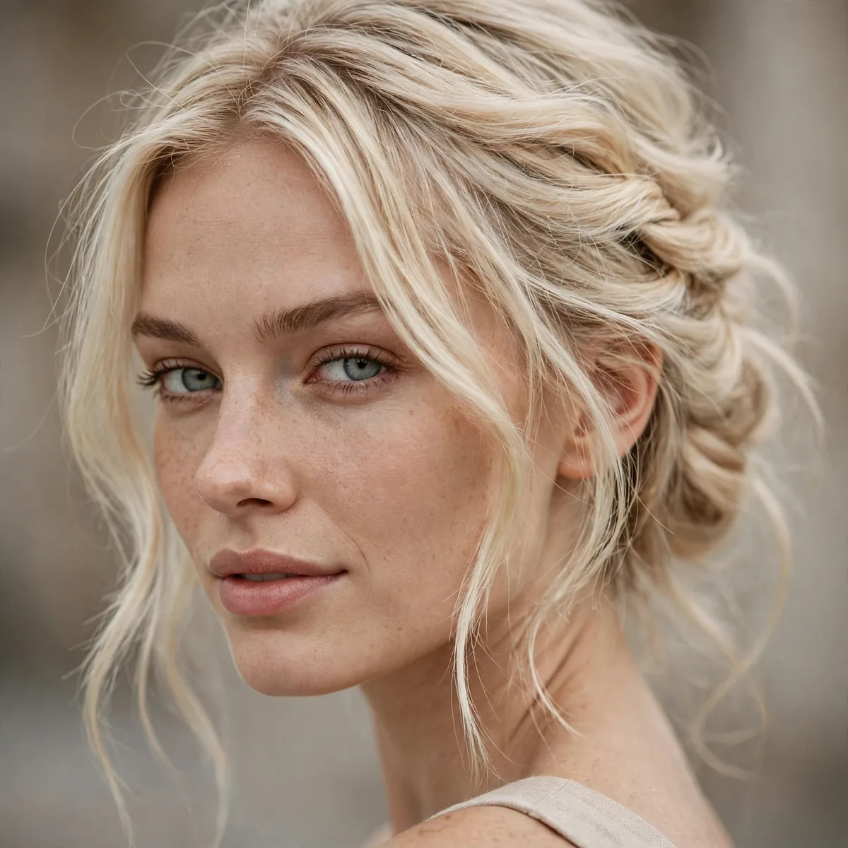 Loose Romantic Twist hairstyle in pearl blonde with soft volume