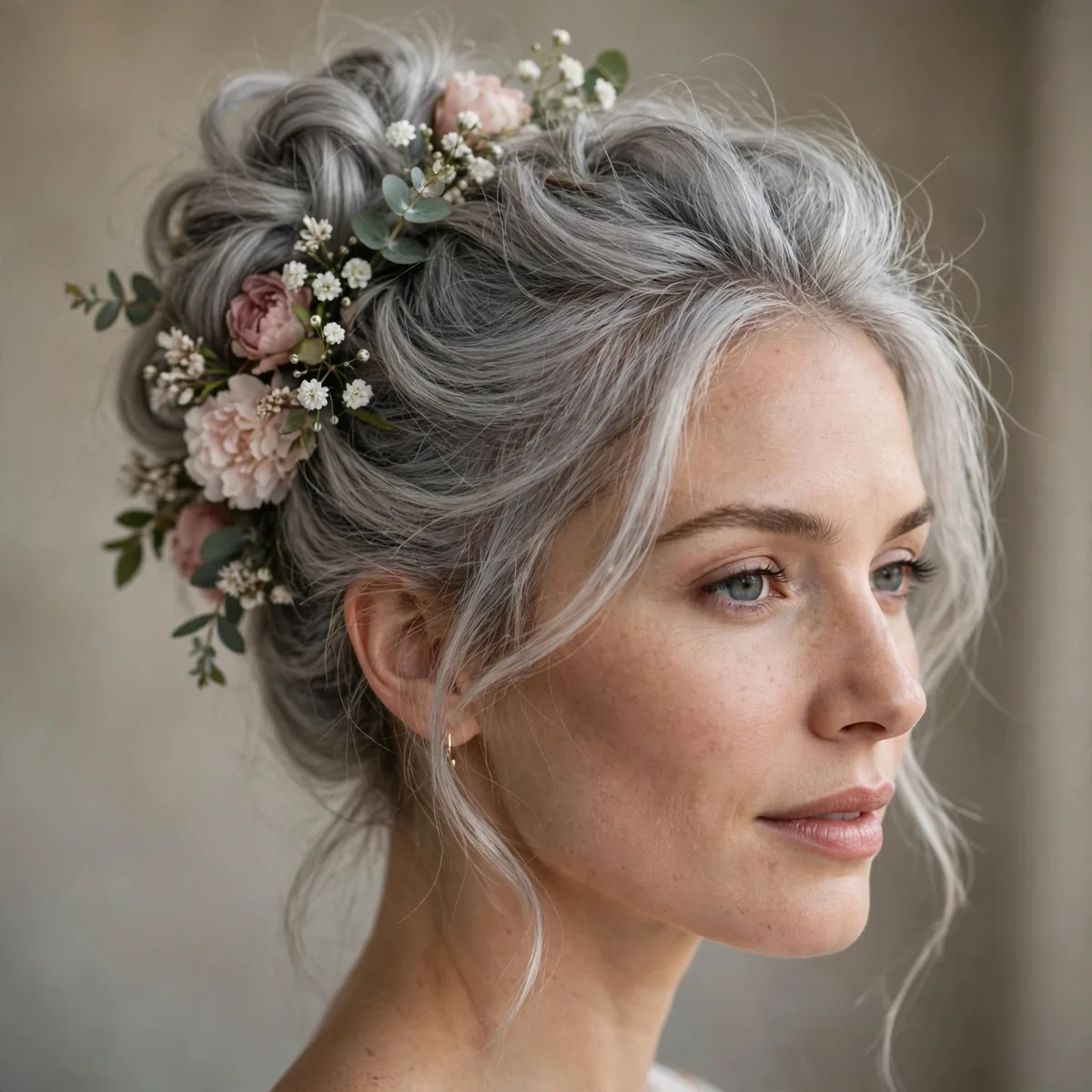 Floral Pinned Updo hairstyle in light grey with airy fullness
