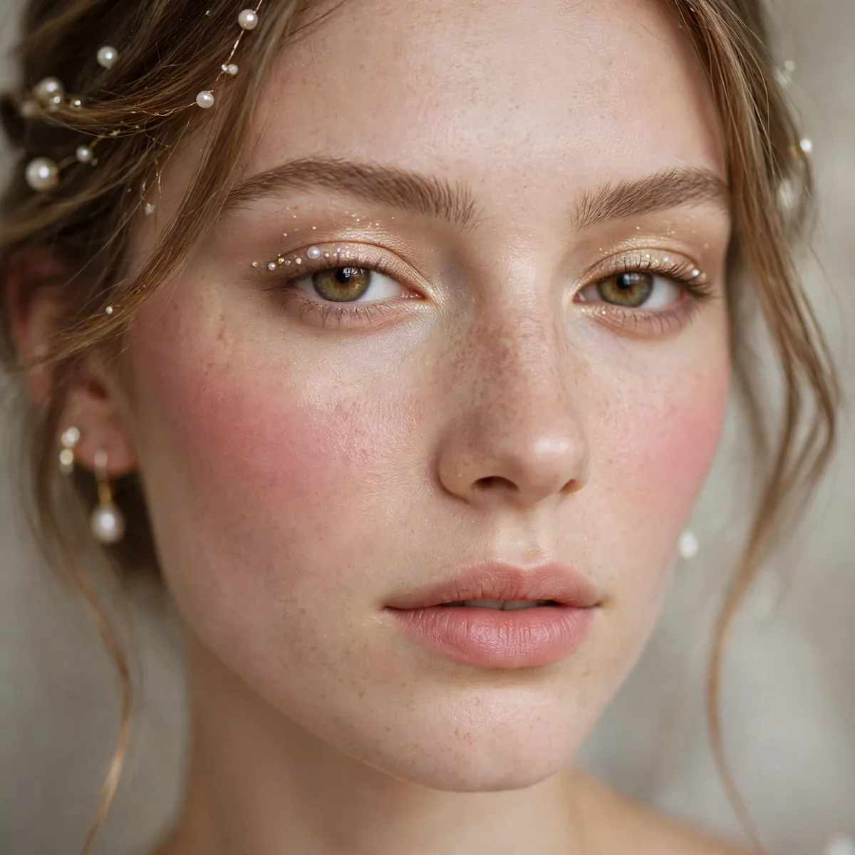 Close-up of Blushing Bride Look featuring pale gold and light pearl