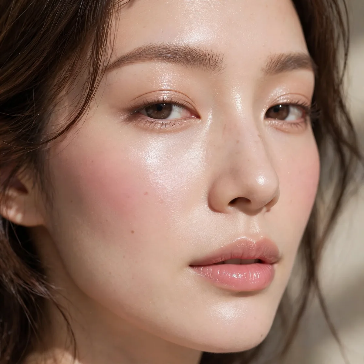 Close-up of Pearl Radiance Makeup featuring blush pink and dewy beige