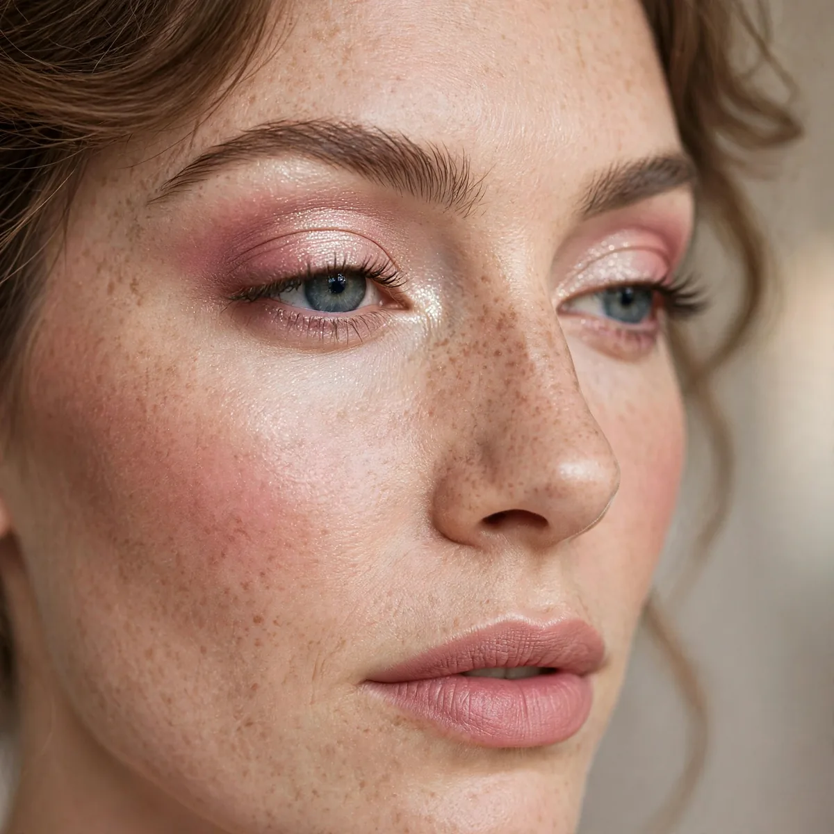 Close-up of Dusty Rose Romance featuring warm ivory and pale shimmer