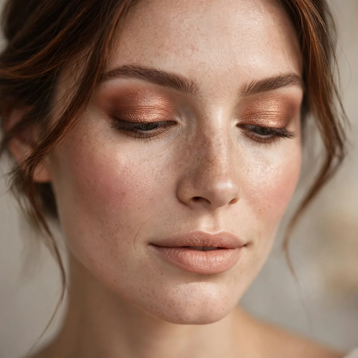 Close-up of Timeless Nude Bridal featuring soft copper and creamy nude