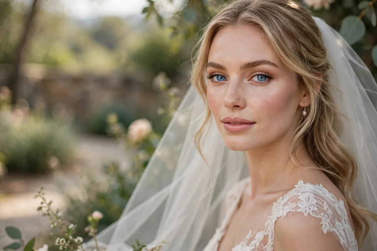 Bride with blue eyes wearing soft romantic wedding makeup