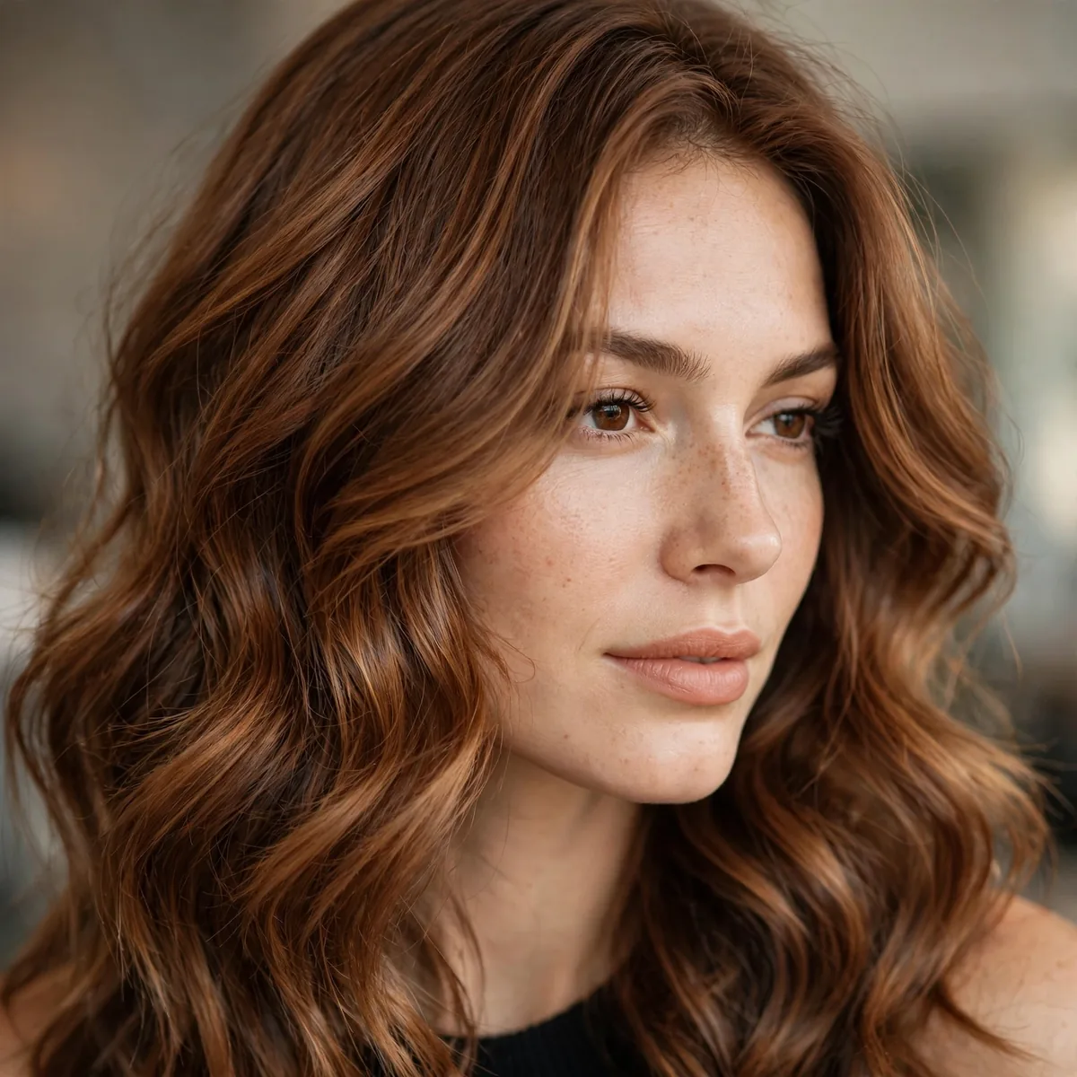 Cinnamon Spice Brown hairstyle in warm cinnamon with rich dimension